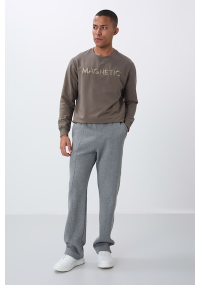 Tommy Life Gri Melanj Pamuklu Kalın İçi Tüylü Yumuşak Dokulu Oversize Nakışlı Erkek Eşofman Altı -82146 GB MELANJ