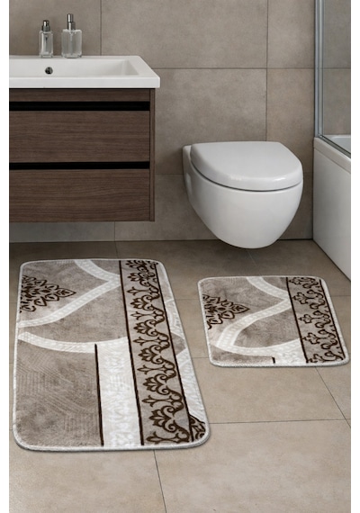 Kaymaz Tabanlı 2 Li Banyo Paspas Seti Yıkanabilir, Su Emici, Toz & Leke Tutmaz Oval Klozet Takımı Kahverengi - Yeşil