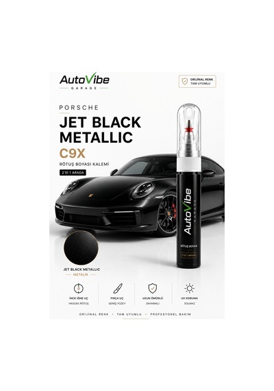 Porsche Jet Black Metallic C9x Rötuş Boya Kalemi 2'si 1 Arada  Renk Uyumlu