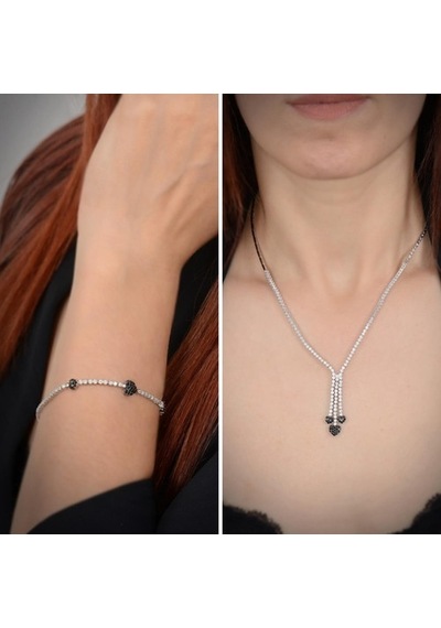 Şıla Kalp Motifli 925 Ayar Gümüş Su Yolu Set - Kolye, Bileklik -