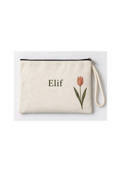 Kişiye Özel Lale Köşe Baskılı Fermuarlı Makyaj Çantası Bozuk Para Cüzdanı Clutch Model 01270