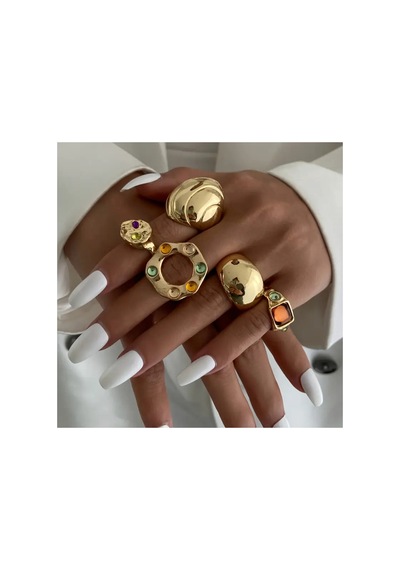 Zenya- 5'li Mavi Turuncu Taşlı Şık Tasarım Vintage Çoklu Gold Altın Bohem Yüzük Seti