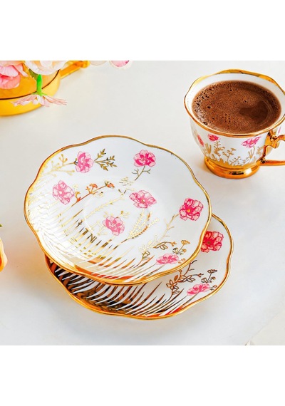 Valkyrie 6 Kişilik 13 Parça Standlı Kahve Fincanı Seti 90 Ml Çiçek Desenli Altın Detaylı K655 Pembe