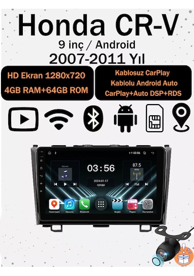 Honda Cr-v 2007-2011 Uyumlu 9 İnç Android Multimedya Ekran 4gb Ram 64gb Hafıza Kablosuz Carplay Android Auto 9"