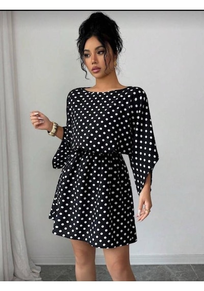 Efnaz Style Kadın Puantiyeli Örme Krep Mini Elbise Kemersiz Siyah