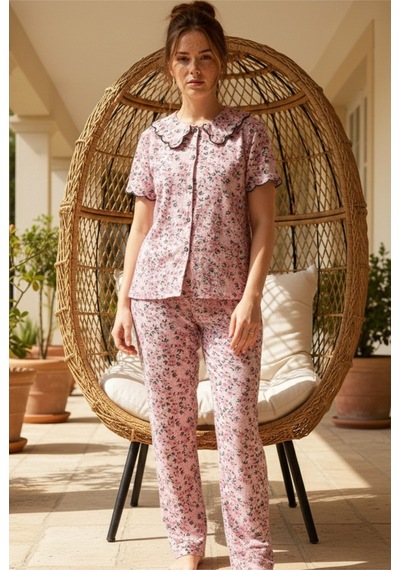 Siyah İnci Yakalı Düğmeli Fitilli Kaşkorse Örme Pijama Takım 26120503 Pudra Pembe Çiçek