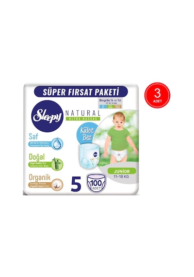 Sleepy Natural Külot Bez 5 Numara Junior Süper Fırsat Paketi 3 x 100 Adet 3'lü
