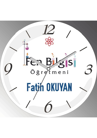 Kişiye Özel Fen Bilgisi Öğretmeni 2 Çap 30cm Sessiz Akar Bombeli Gerçek Cam Duvar Saati Siyah