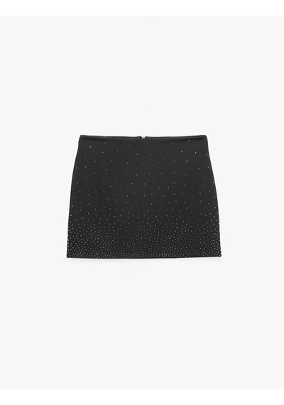 Koton Normal Bel Krep Scuba Kumaş Taşlı Mini Etek Siyah 7wak10124ek