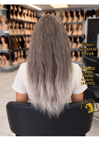 Afro Su Dalgası Peruk Fiber Sentetik Küllü Kumral Arası Işıltılı Platin Ombre