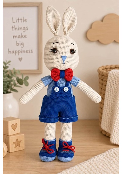 El Yapımı Amigurumi Tavşan Oyuncak Mavi Tulumlu Kırmızı Papyonlu 48 Cm