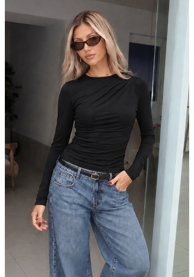 Seeh Siyah Drape Detaylı Uzun Kollu Kadın Bluz Sh358 Regular