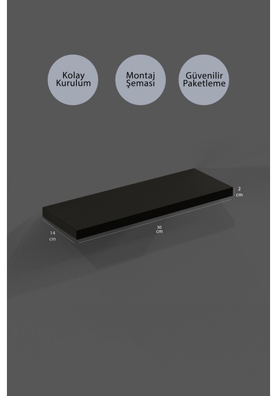 Yankı-BYEG 30 cm Mat Siyah Mdf Duvar Rafı Gizli Bağlantı