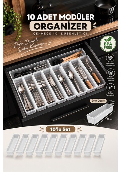 Porsima 0382 Modüler 10'lu Çekmece İçi Organizer Seti 30x7.5 Cm - Çatal Bıçak & Ev Düzenleyici Şeffaf