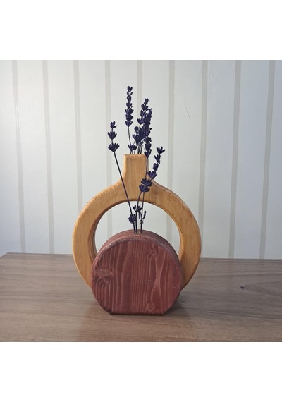 El Yapımı Ahşap Vazo Seti, Doğal Çam Ve Kırmızı Renkli, 18cm Halka Ve 12cm Yuvarlak, 2 Parça, Çiçek Aranjman Çok Renkli