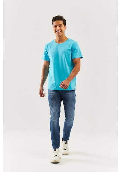 Erkek Oversize Rahat %100 Pamuklu Penye Bisiklet Yaka Kısa Kol Basic T-shirt Aqua