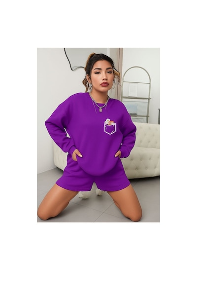 Benroma Papatya Baskılı Unisex Sweatshırt Mor