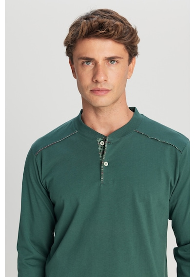 AC&Co / Altınyıldız Classics Erkek Hakı %100 Pamuk Standart Fit Hakim Yaka Desenli Cepli Pijama Takımı Haki