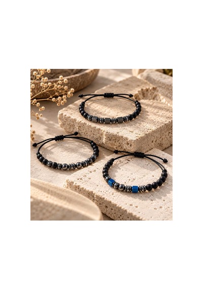 3 'lü Set Siyah Boncuklu Örgü İpli Ayarlanabilir Bileklik Siyah - 945582994 Siyah