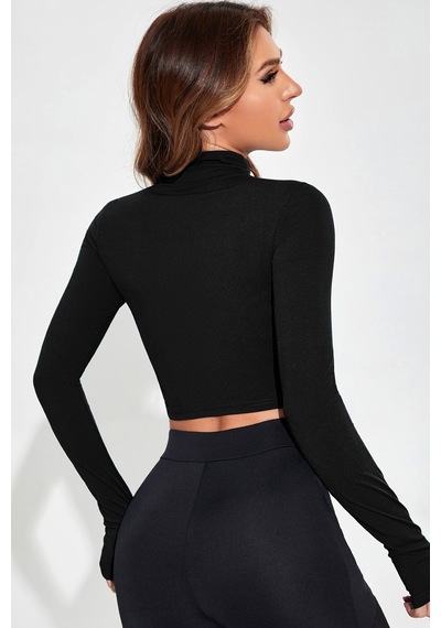 Angbutik Kadın Siyah Uzun Kol Fermuarlı Parmak Geçme Detaylı Dik Yaka Crop Top Bluz