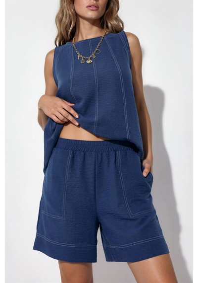 Hiccup Dikiş Detaylı Denim Görünümlü Rahat Kesim İkili Takım Orta Mavi Denim