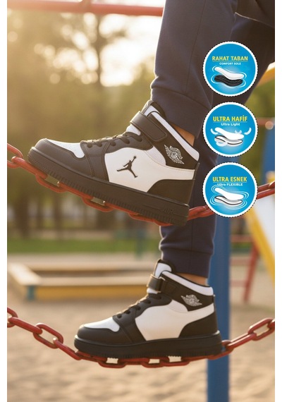 Siyah Beyaz Cırtlı Erkek Çocuk Hi Sneaker Çok Renkli