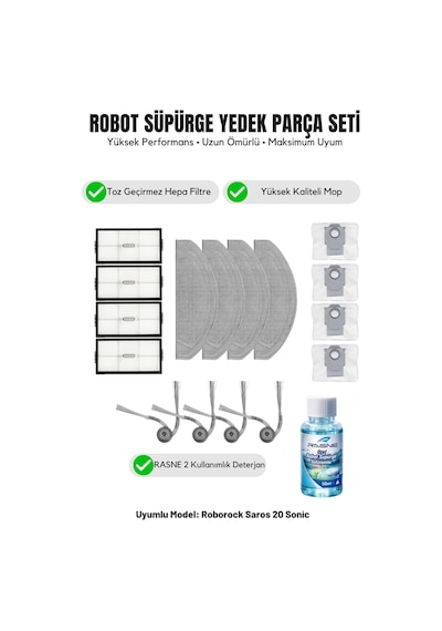 Roborock Saros 20 Sonic İle Uyumlu 4 Yan Fırça 4 Filtre 4 Mop 1 Deterjan 4 Toz Torbası 6.0