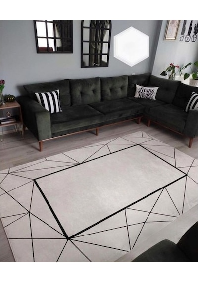 STY Home Platin Kaymaz Tabanlı Yıkanabilir Halı Kilim Yolluk Beyaz Siyah Beyaz - Siyah