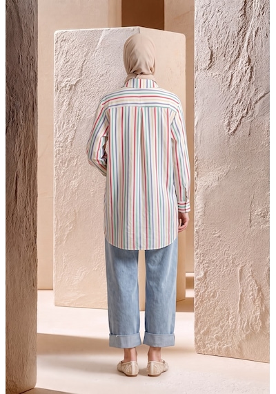 Armine Trend Çizgili Asimetrik Blok Detaylı Düğmeli Uzun Kollu Oversize Gömlek Tunik 90 Cm Boy Oranj 26yt490