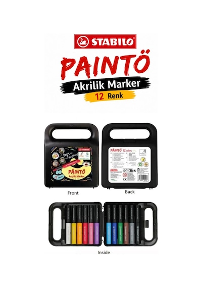 Stabilo 791/12 Paınto 12 Renk Akrilik Marker Seti Su Bazlı Çok Yüzeyli Boya Kalemi Çantalı Çok Renkli