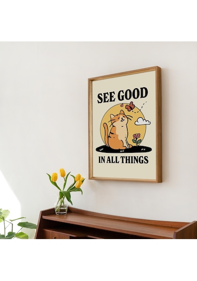 Renkli Kedi İllüstrasyon Baskısı, Güzel Sözler, Sevimli Kelebek Çocuk Sınıfı Posterleri