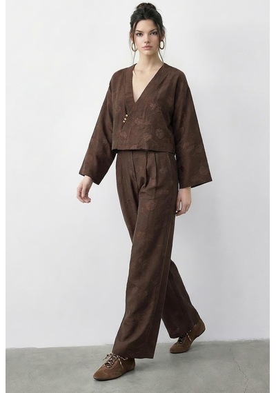 Shade Kadın Kendinden Çiçek Desenli Kruvaze Kimono Salaş Pantolonlu Alt-üst Takım 60613 60283998 - Acı Kahve Çok Renkli Shade Kadın Kendinden Çiçek Desenli Kruvaze Kimono Salaş Pantolonlu Alt-üst Takım 60613 60283998 - Acı Kahve Çok Renkli