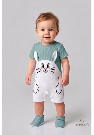 Babyden's Tavşan Baskılı Şortlu Erkek Bebek Tulum %100 Pamuk Yazlık Kısa Kollu Çıtçıtlı Yenidoğan Bebek Tulumu 0-9 Ay Açık Haki