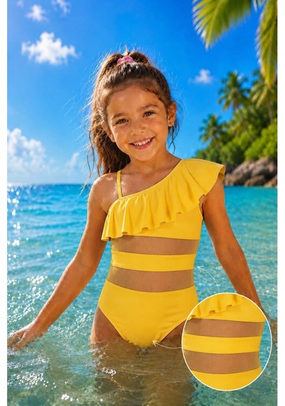 My Kids Wear Kız Çocuk Fırfır Ve Tül Detaylı Tek Parça Mayo. 12841 Sarı