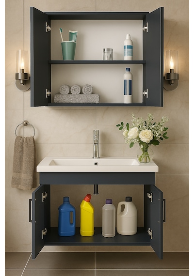Dmz Home Concept Liventa 65 Cm Antrasit Renkli, Seramik Lavabolu, Antrasit