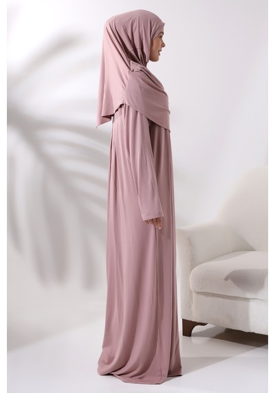 Tek Parça Pratik Başörtülü Robalı Namaz Elbisesi 8015 Pudra 001