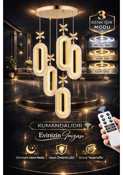 Serra 5li Gold Kumandalı 3 Renk Led Isıklı Salon Oturma Odası Avize Altın - Gold
