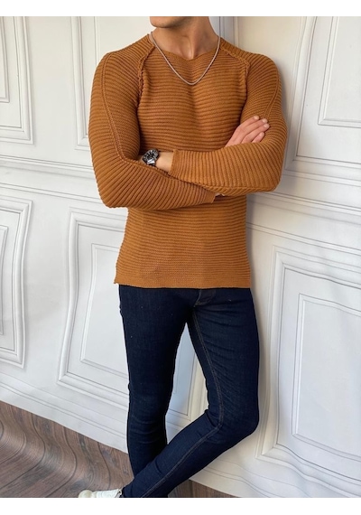 Modefendi Slim Fit Çelik Örme Açık Yaka Kazak Taba Modefendi Slim Fit Çelik Örme Açık Yaka Kazak Taba