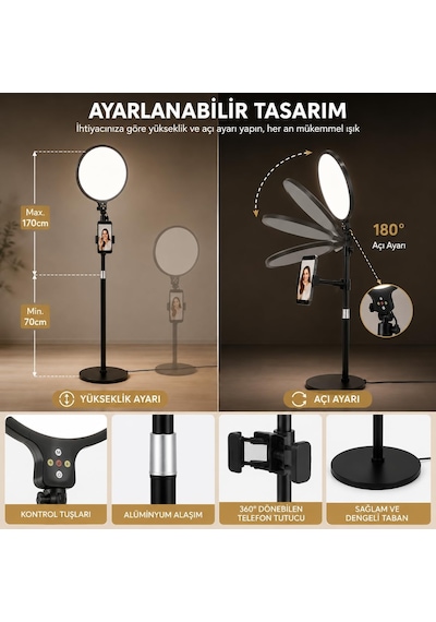 12 İnç Ring Light Telefon Tutuculu, 2700k-6500k Ayarlanabilir Işıklı Halka Lamba, Alüminyum Alaşımlı Canlı Yay