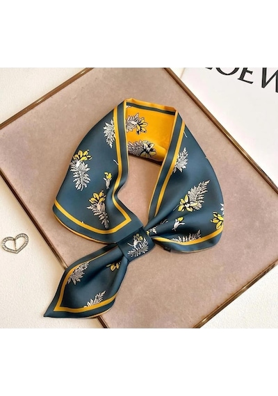 Walkenzo Çiçek Desenli Çift Taraflı Kullanıma Uygun Kadın Kravat Fular Yeşil