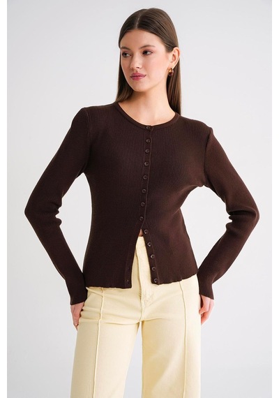 Hiccup Mixray Düğmeli Slim Fit Yivli Örgü Hırka Kahve Kahvesi