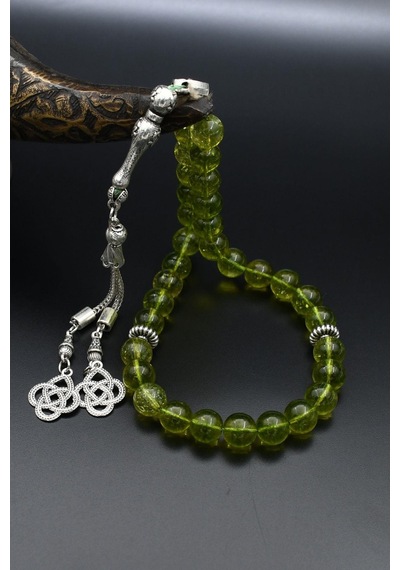 Doğal Peridot Taşlı 33'lük Tesbih Metal Püsküllü 10mm Küre Kesim 902256