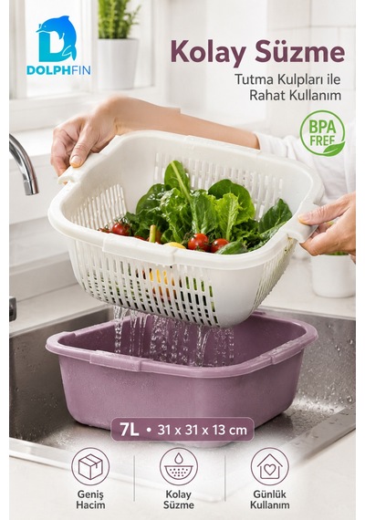 Elit Kare Süzgeç Ve Badya Seti 7 L Bpa Free Beyaz - Mor