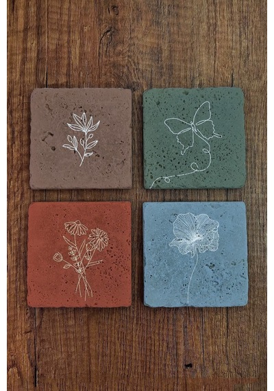 Doğal Taş Bardak Altlığı 4'lü Set - Renkli Çiçek Desenleri - Stone Coasters Çok Renkli