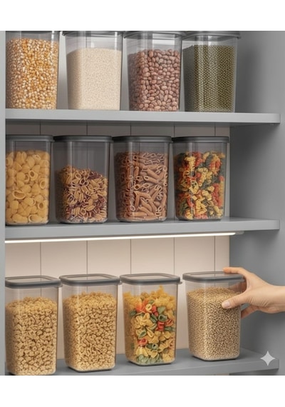 12'li Etiketli Ve Sızdırmaz Kapaklı Erzak Saklama Kab Seti - 1200ml - 20 Adet Etiket Hediyeli Gri