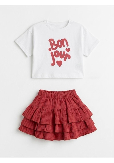 Magu Kız Çocuk Pamuklu Bonjour Baskılı T-shirt Fırfırlı Etek Takım Çok Renkli
