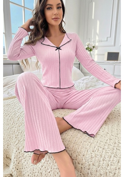 Bella Notte Pembe Pamuklu Siyah Overlok Ve Fiyonk Detaylı Uzun Kollu Pijama Takımı