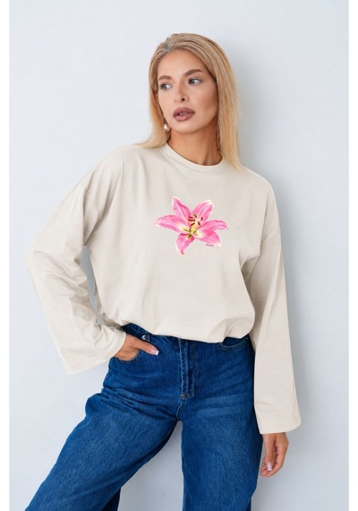 Medinenur Kadın Lily Çiçeğ Baskılı Uzun Kollu Oversize Body Ekru