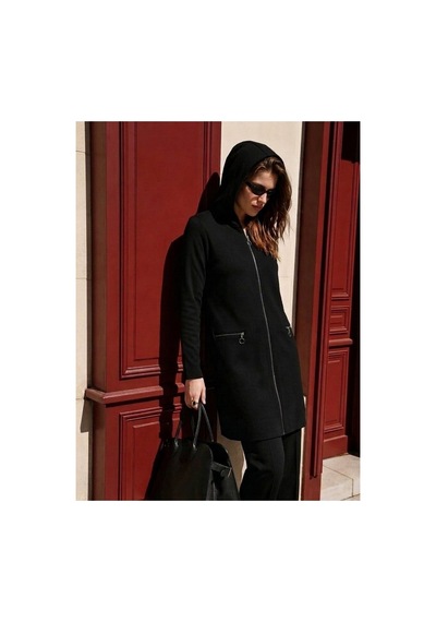 Onno Style Women Kapüşonlu Çelik Örgü Uzun Triko Kadın Ceket Siyah