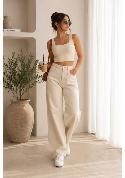 Layal My Beauty Melody Kadın Jeans Wide Leg Rahat Yüksek Bel Salaş Bol Paça Jean Palazzo Denim Kot Pantolon Krem